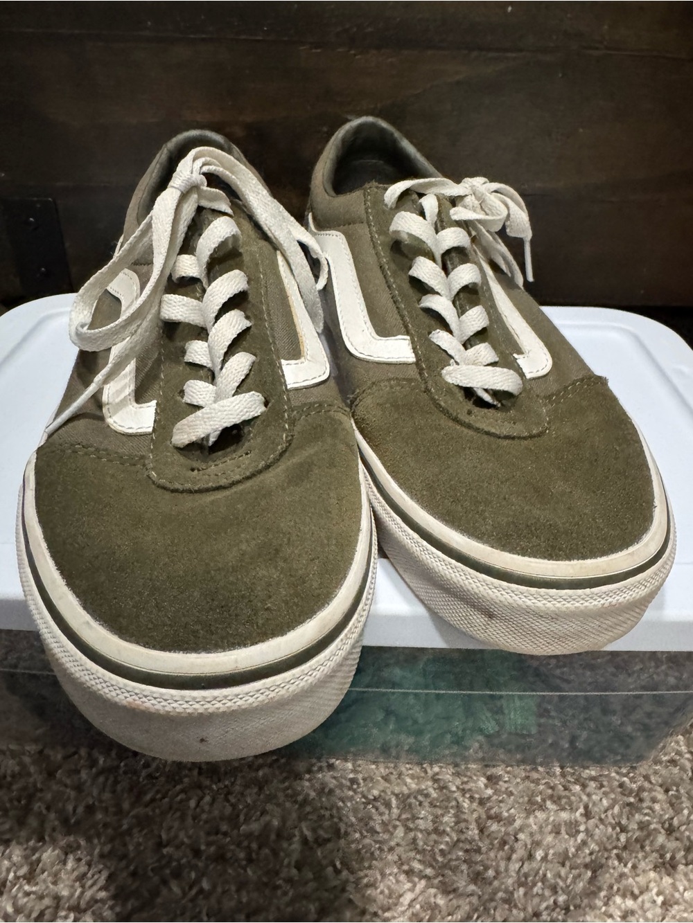 Vans Olive Green Suede Low-Top Sneakers with White Stripe